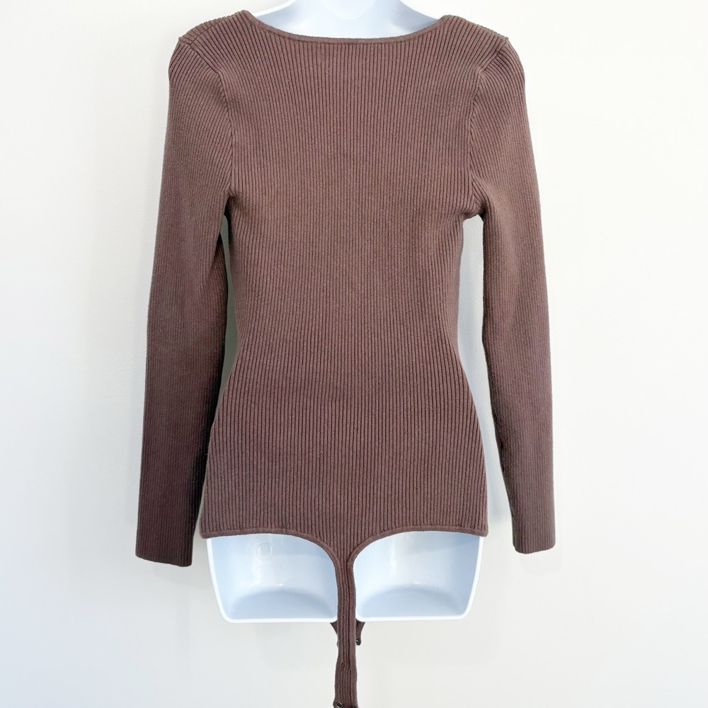 ABERCROMBIE & FITCH Ribbed Square Neck Bodysuit Mocha Brown Long Sleeve Large - Picture 3 of 10